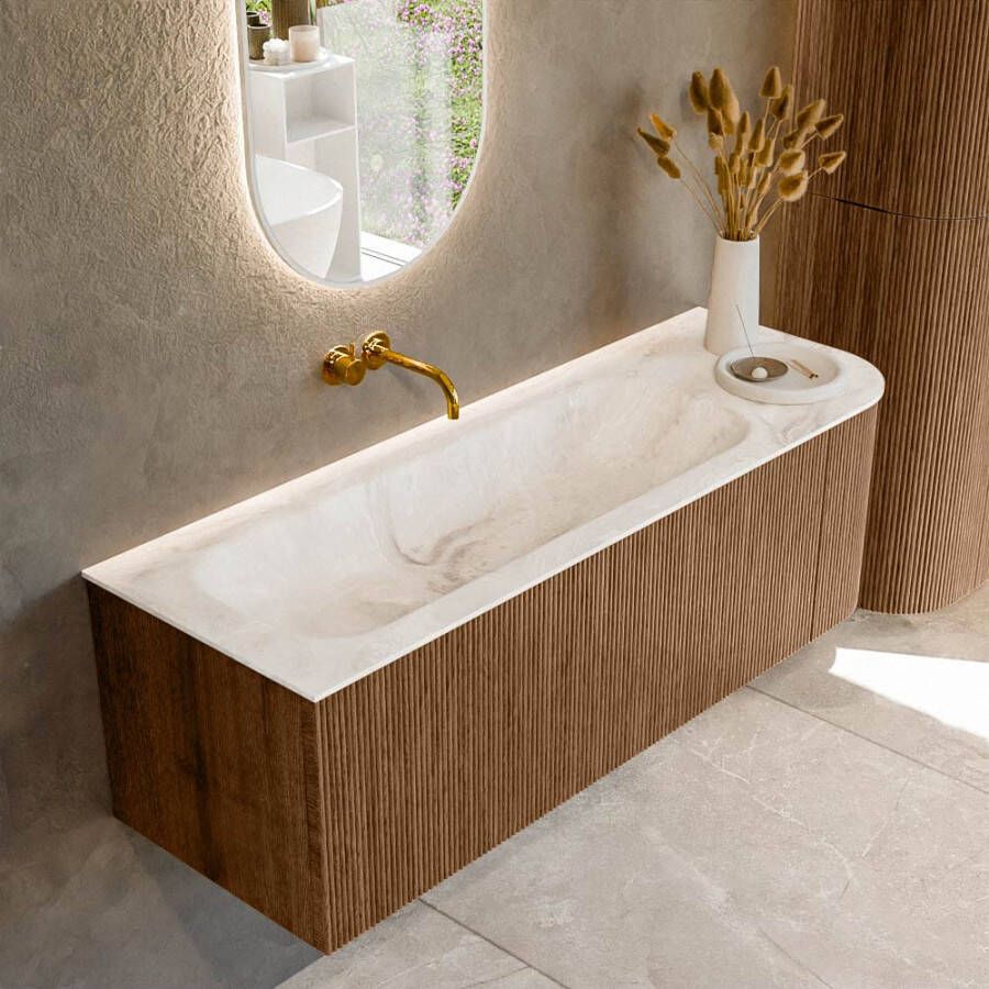 Mondiaz KURVE-DLUX 135cm badmeubel met module 25 R kleur Walnut met 1 lade en 1 deur. Wastafel BIG MEDIUM links zonder kraangat kleur Frappe. KRVBGM135R1L1D0KL-Wal Fra