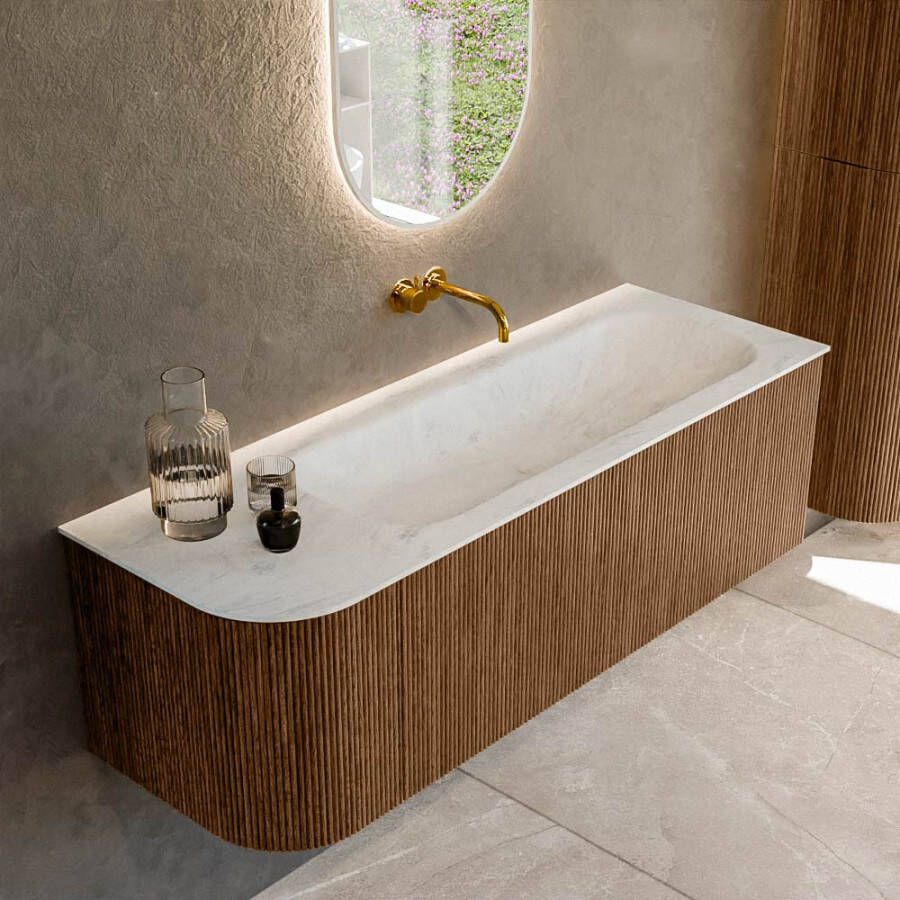 Mondiaz KURVE-DLUX 135cm badmeubel met module 25 L kleur Walnut met 1 lade en 1 deur. Wastafel BIG MEDIUM rechts zonder kraangat kleur Opalo. KRVBGM135L1L1D0KR-Wal Opa