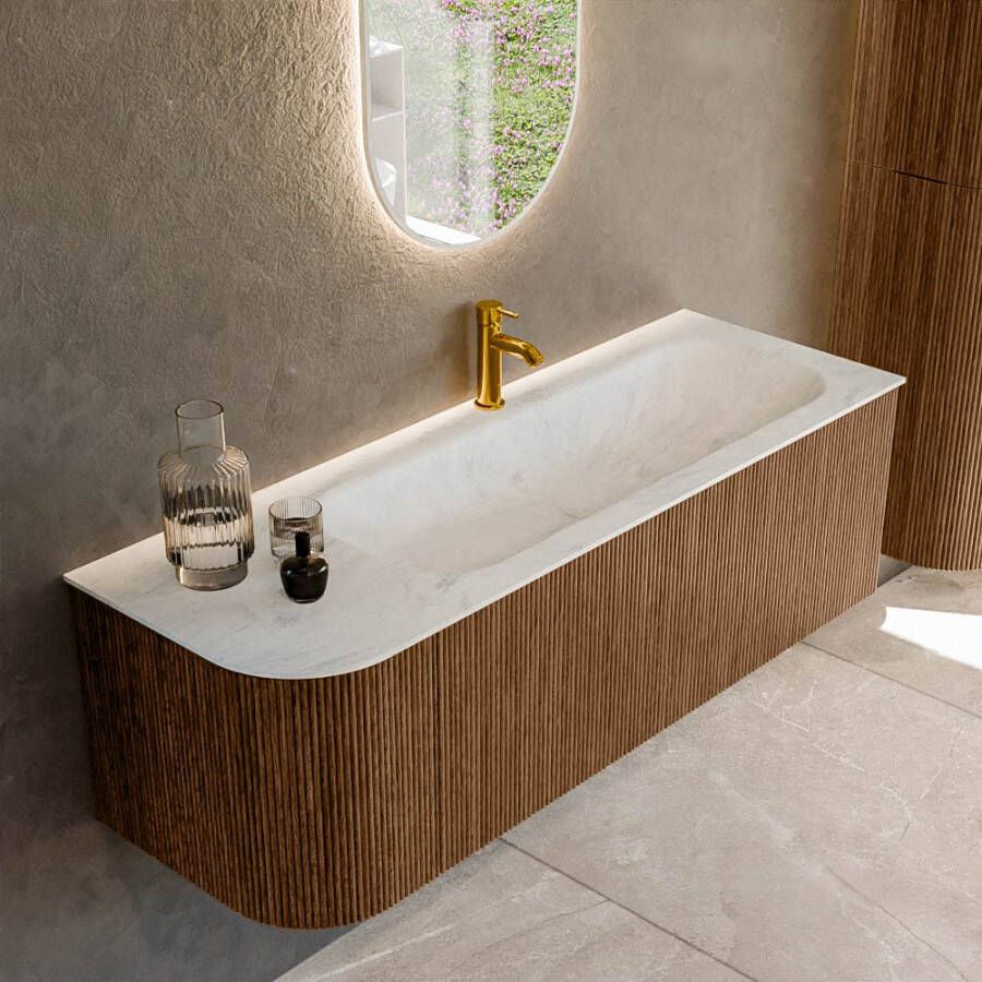 Mondiaz KURVE-DLUX 135cm badmeubel met module 25 L kleur Walnut met 1 lade en 1 deur. Wastafel BIG MEDIUM rechts 1 kraangat kleur Opalo. KRVBGM135L1L1D1KR-Wal Opa
