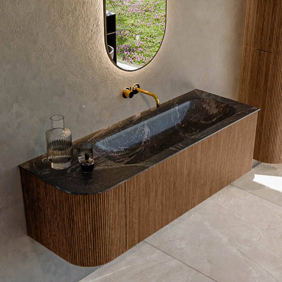 Mondiaz KURVE-DLUX 135cm badmeubel met module 25 L kleur Walnut met 1 lade en 1 deur. Wastafel BIG MEDIUM rechts zonder kraangat kleur Lava. KRVBGM135L1L1D0KR-Wal Lav