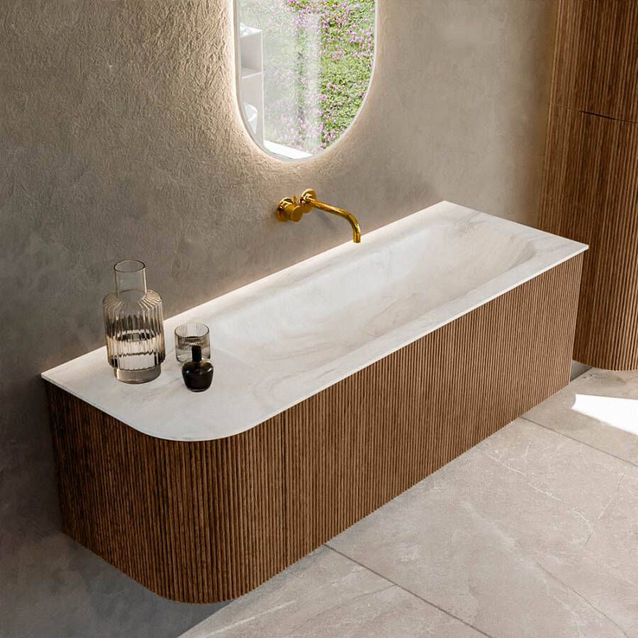 Mondiaz KURVE-DLUX 135cm badmeubel met module 25 L kleur Walnut met 1 lade en 1 deur. Wastafel BIG MEDIUM rechts zonder kraangat kleur Ostra. KRVBGM135L1L1D0KR-Wal Ost