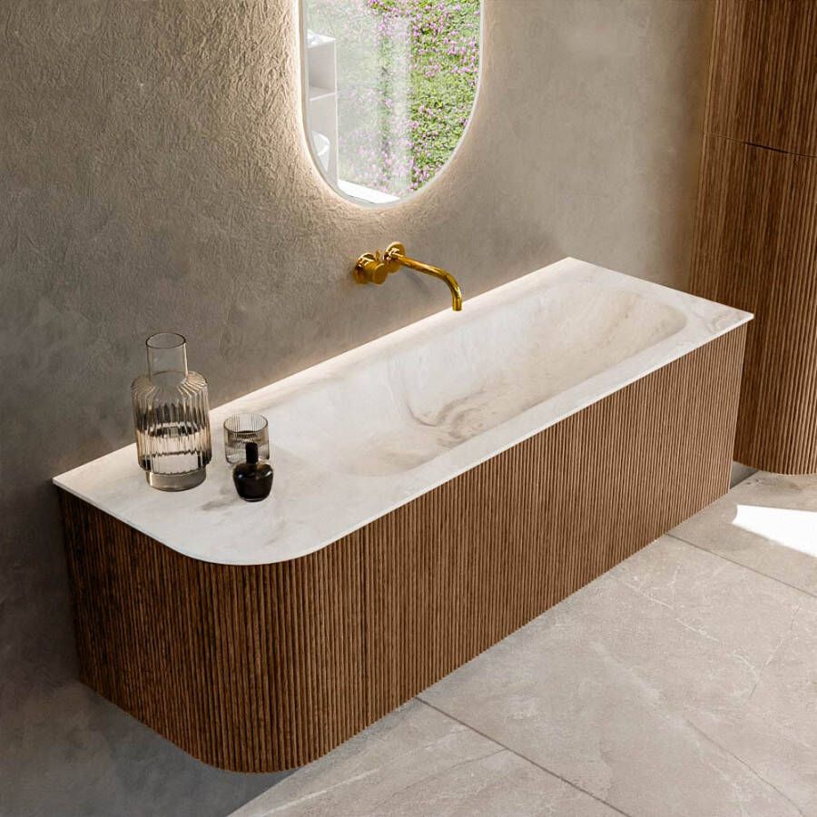 Mondiaz KURVE-DLUX 135cm badmeubel met module 25 L kleur Walnut met 1 lade en 1 deur. Wastafel BIG MEDIUM rechts zonder kraangat kleur Frappe. KRVBGM135L1L1D0KR-Wal Fra