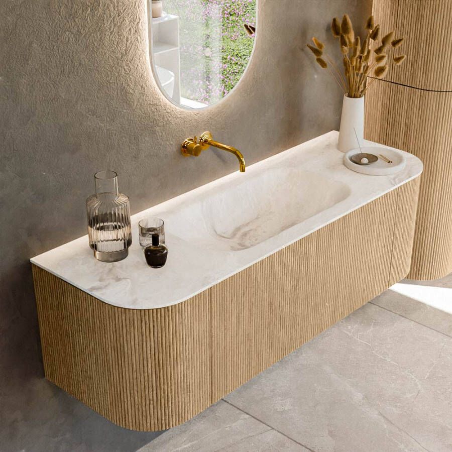Mondiaz KURVE-DLUX 140cm badmeubel met module 25 Len R kleur Oak met 1 lade en 2 deuren. Wastafel BIG SMALL midden zonder kraangat kleur Frappe. KRVBGS140L+R1L2D0KM-Oak Fra