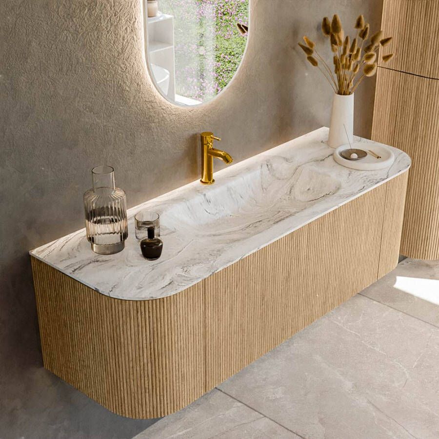 Mondiaz KURVE-DLUX 140cm badmeubel met module 25 Len R kleur Oak met 1 lade en 2 deuren. Wastafel BIG SMALL midden 1 kraangat kleur Glace. KRVBGS140L+R1L2D1KM-Oak Gla