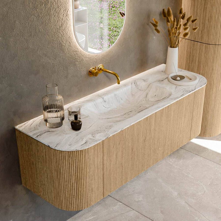 Mondiaz KURVE-DLUX 140cm badmeubel met module 25 Len R kleur Oak met 1 lade en 2 deuren. Wastafel BIG SMALL midden zonder kraangat kleur Glace. KRVBGS140L+R1L2D0KM-Oak Gla