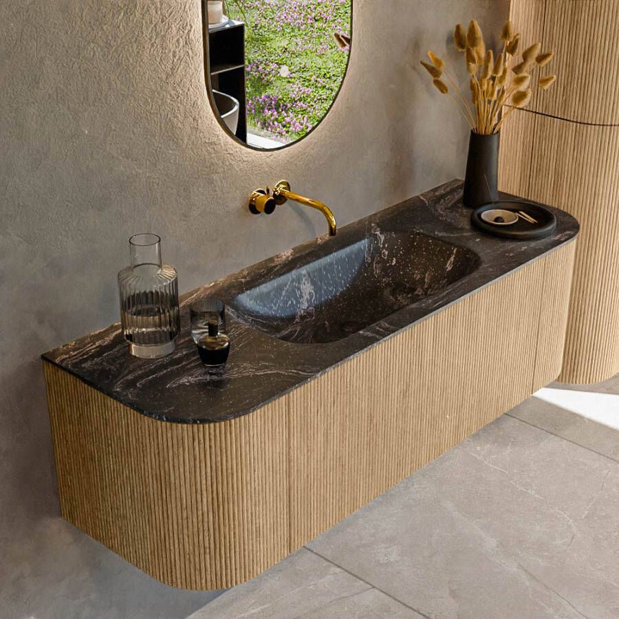 Mondiaz KURVE-DLUX 140cm badmeubel met module 25 Len R kleur Oak met 1 lade en 2 deuren. Wastafel BIG SMALL midden zonder kraangat kleur Lava. KRVBGS140L+R1L2D0KM-Oak Lav