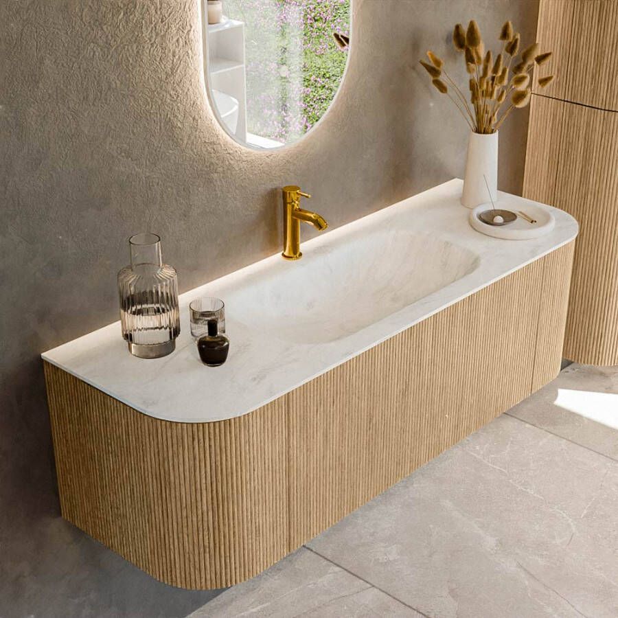 Mondiaz KURVE-DLUX 140cm badmeubel met module 25 Len R kleur Oak met 1 lade en 2 deuren. Wastafel BIG SMALL midden 1 kraangat kleur Opalo. KRVBGS140L+R1L2D1KM-Oak Opa