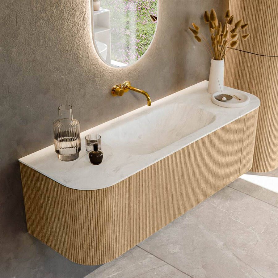 Mondiaz KURVE-DLUX 140cm badmeubel met module 25 Len R kleur Oak met 1 lade en 2 deuren. Wastafel BIG SMALL midden zonder kraangat kleur Opalo. KRVBGS140L+R1L2D0KM-Oak Opa
