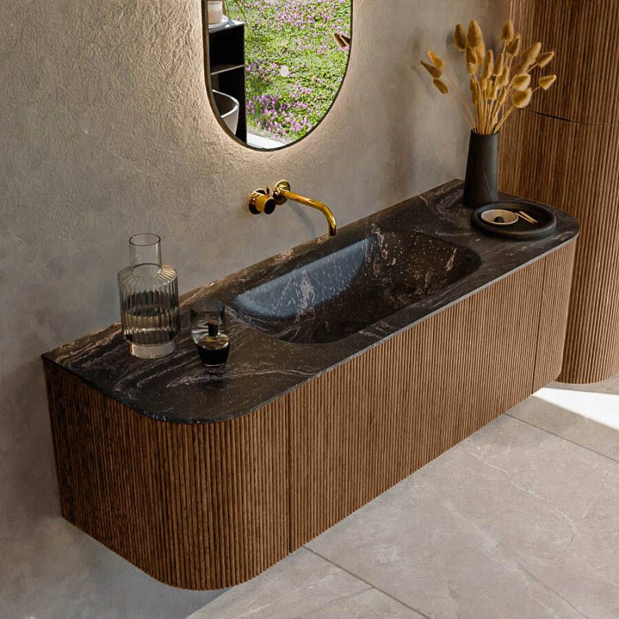 Mondiaz KURVE-DLUX 140cm badmeubel met module 25 Len R kleur Walnut met 1 lade en 2 deuren. Wastafel BIG SMALL midden zonder kraangat kleur Lava. KRVBGS140L+R1L2D0KM-Wal Lav