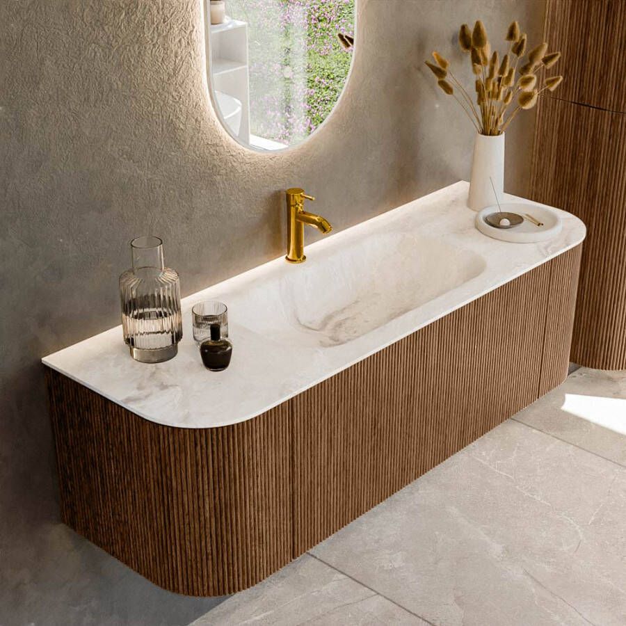 Mondiaz KURVE-DLUX 140cm badmeubel met module 25 Len R kleur Walnut met 1 lade en 2 deuren. Wastafel BIG SMALL midden 1 kraangat kleur Frappe. KRVBGS140L+R1L2D1KM-Wal Fra