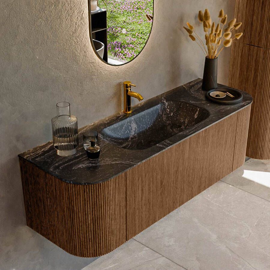 Mondiaz KURVE-DLUX 140cm badmeubel met module 25 Len R kleur Walnut met 1 lade en 2 deuren. Wastafel BIG SMALL midden 1 kraangat kleur Lava. KRVBGS140L+R1L2D1KM-Wal Lav