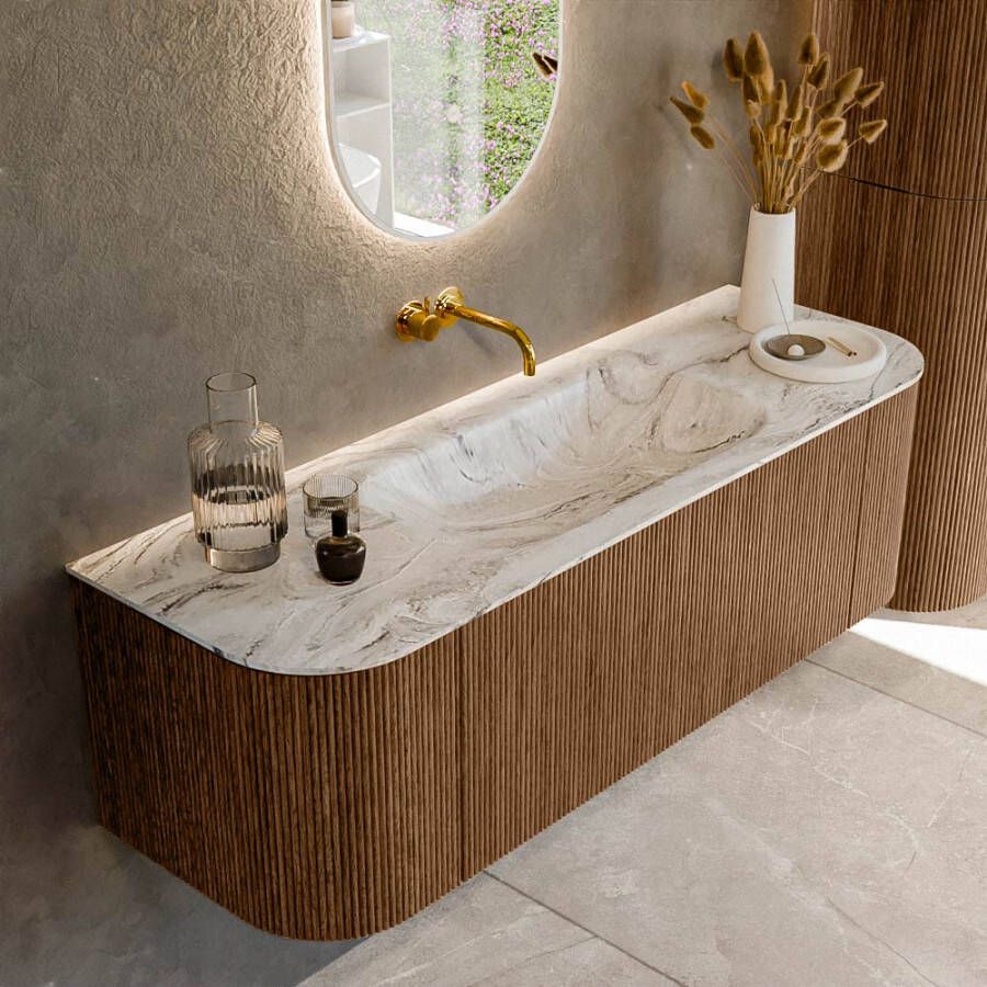 Mondiaz KURVE-DLUX 140cm badmeubel met module 25 Len R kleur Walnut met 1 lade en 2 deuren. Wastafel BIG SMALL midden zonder kraangat kleur Glace. KRVBGS140L+R1L2D0KM-Wal Gla