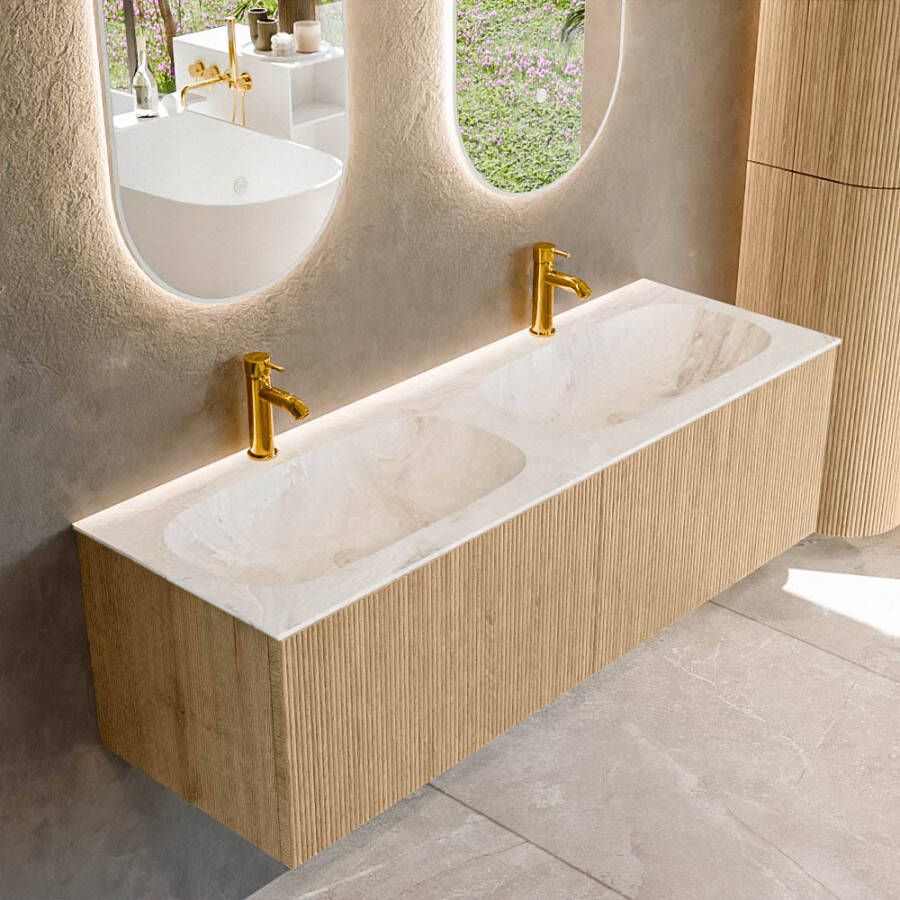 Mondiaz KURVE-DLUX 140 cm Onderkast Greeploos 2 Lades Zonder Deuren Oak Wastafel Solid Surface Dubbel Frappe 2 Kraangaten Zonder Spiegel (KRVSTS1402L0D2KD-Oak Fra)