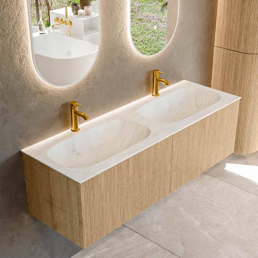 Mondiaz KURVE-DLUX 140 cm Onderkast Greeploos 2 Lades Zonder Deuren Oak Wastafel Solid Surface Dubbel Opalo 2 Kraangaten Zonder Spiegel (KRVSTS1402L0D2KD-Oak Opa)