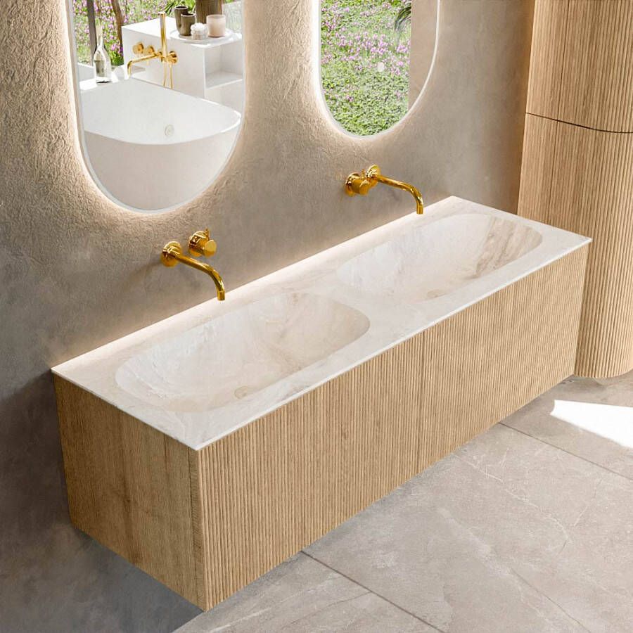 Mondiaz KURVE-DLUX 140 cm Onderkast Greeploos 2 Lades Zonder Deuren Oak Wastafel Solid Surface Dubbel Frappe 0 Kraangaten Zonder Spiegel (KRVSTS1402L0D0KD-Oak Fra)