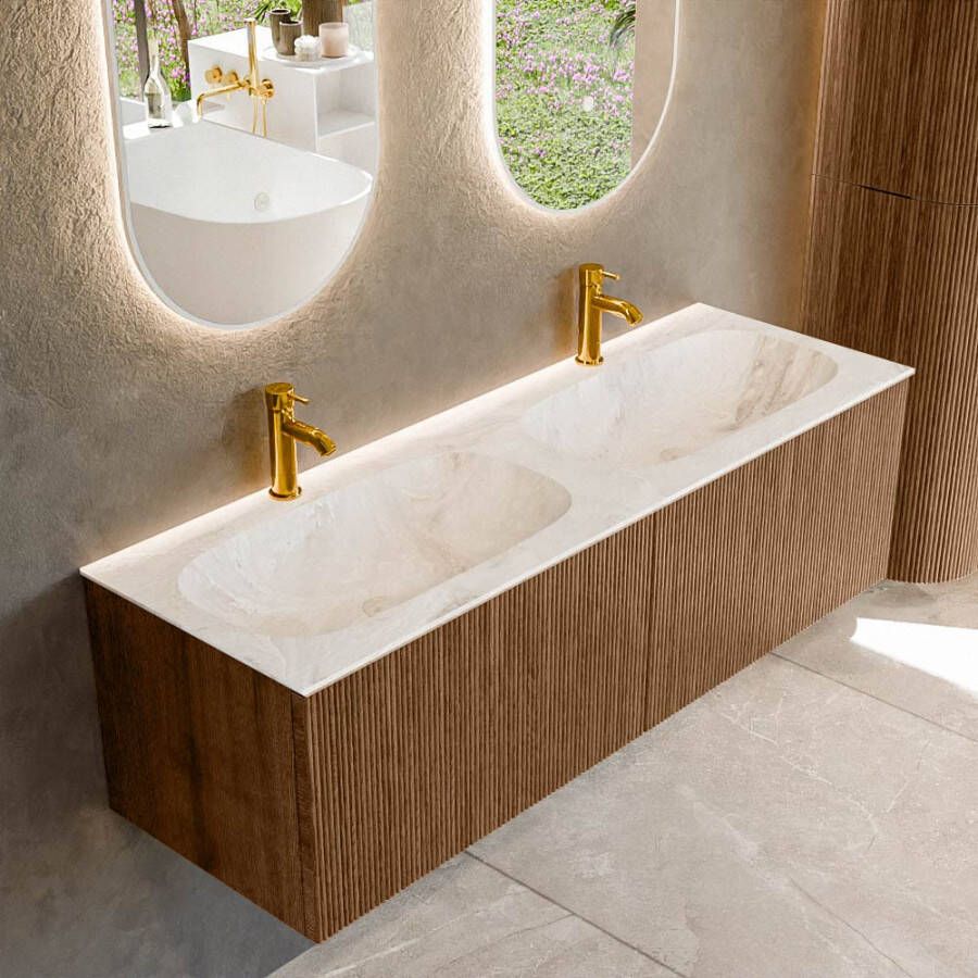 Mondiaz KURVE-DLUX 140 cm Onderkast Greeploos 2 Lades Zonder Deuren Walnut Wastafel Solid Surface Dubbel Frappe 2 Kraangaten Zonder Spiegel (KRVSTS1402L0D2KD-Wal Fra)