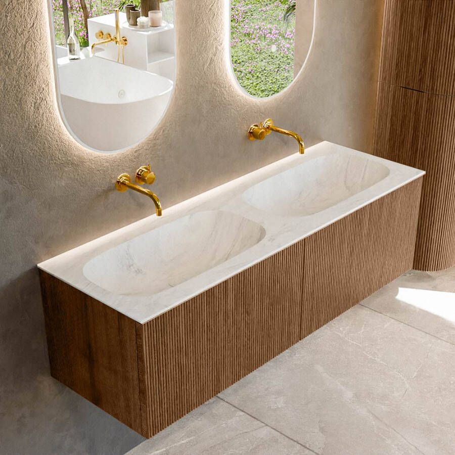 Mondiaz KURVE-DLUX 140 cm Onderkast Greeploos 2 Lades Zonder Deuren Walnut Wastafel Solid Surface Dubbel Opalo 0 Kraangaten Zonder Spiegel (KRVSTS1402L0D0KD-Wal Opa)