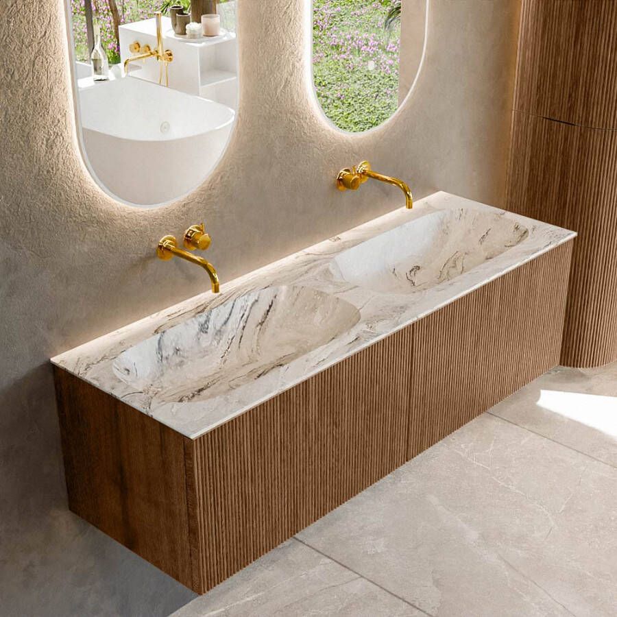Mondiaz KURVE-DLUX 140 cm Onderkast Greeploos 2 Lades Zonder Deuren Walnut Wastafel Solid Surface Dubbel Glace 0 Kraangaten Zonder Spiegel (KRVSTS1402L0D0KD-Wal Gla)