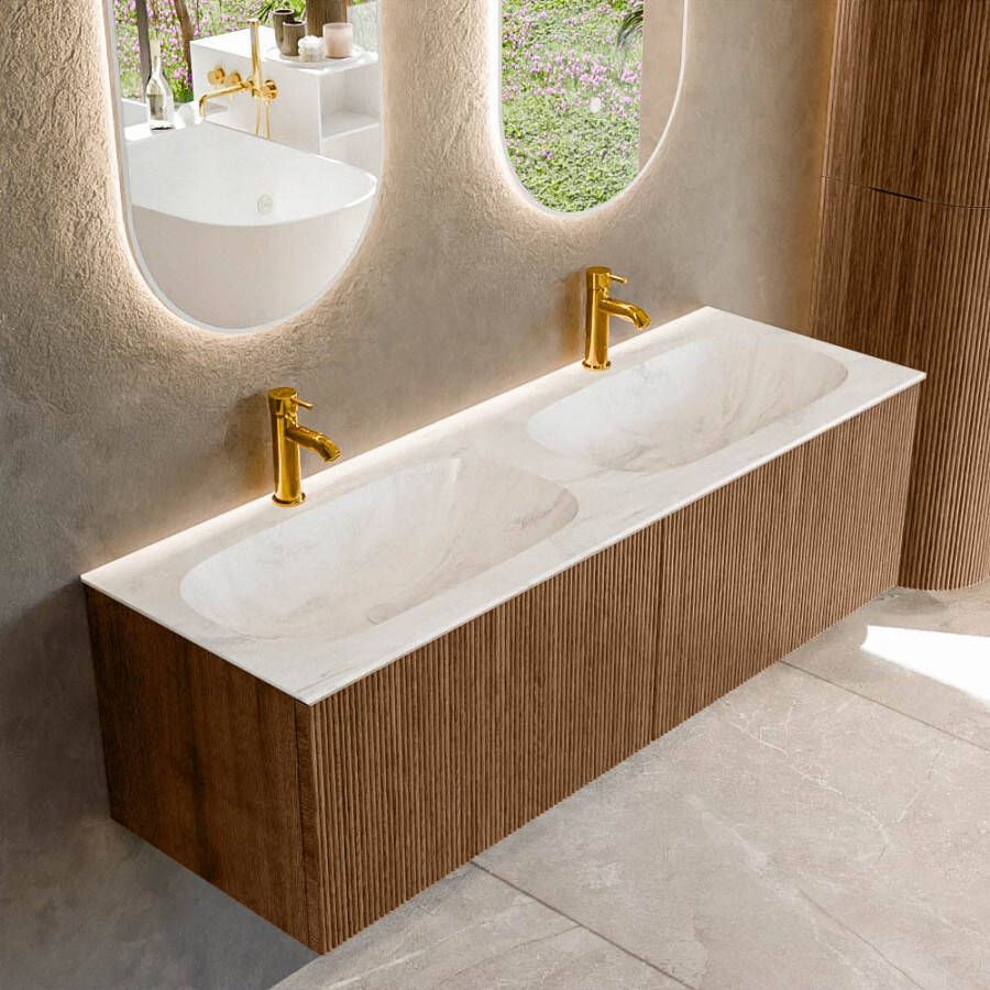 Mondiaz KURVE-DLUX 140 cm Onderkast Greeploos 2 Lades Zonder Deuren Walnut Wastafel Solid Surface Dubbel Ostra 2 Kraangaten Zonder Spiegel (KRVSTS1402L0D2KD-Wal Ost)