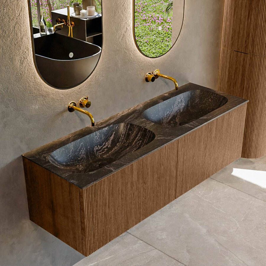 Mondiaz KURVE-DLUX 140 cm Onderkast Greeploos 2 Lades Zonder Deuren Walnut Wastafel Solid Surface Dubbel Lava 0 Kraangaten Zonder Spiegel (KRVSTS1402L0D0KD-Wal Lav)