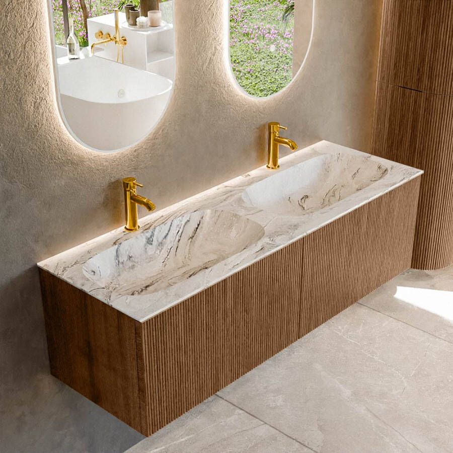 Mondiaz KURVE-DLUX 140 cm Onderkast Greeploos 2 Lades Zonder Deuren Walnut Wastafel Solid Surface Dubbel Glace 2 Kraangaten Zonder Spiegel (KRVSTS1402L0D2KD-Wal Gla)
