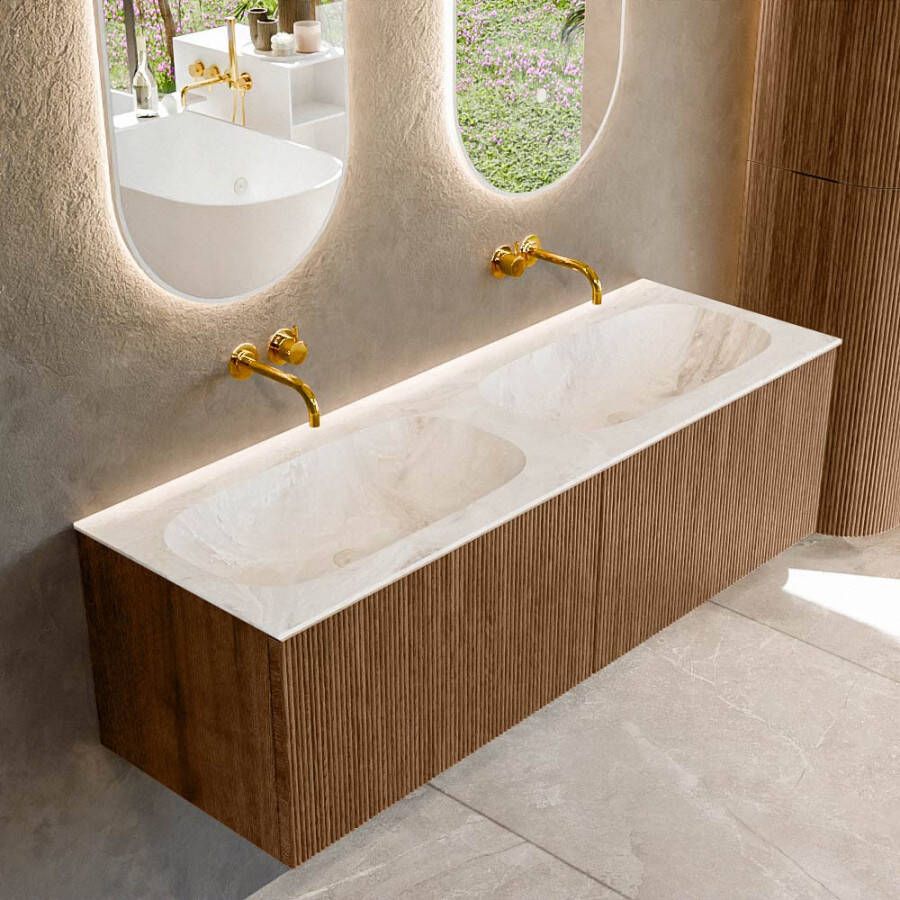 Mondiaz KURVE-DLUX 140 cm Onderkast Greeploos 2 Lades Zonder Deuren Walnut Wastafel Solid Surface Dubbel Frappe 0 Kraangaten Zonder Spiegel (KRVSTS1402L0D0KD-Wal Fra)