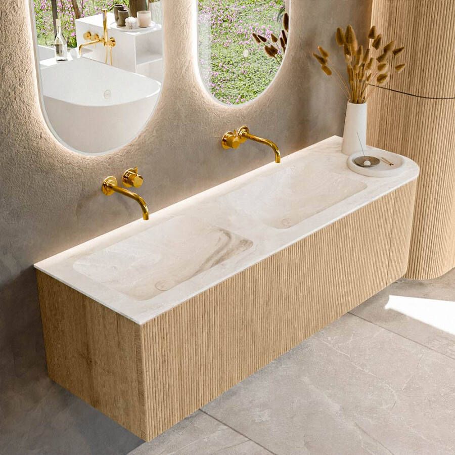 Mondiaz KURVE-DLUX 145cm badmeubel met module 25 R kleur Oak met 1 lade en 1 deur. Wastafel LEAF dubbel links zonder kraangat kleur Frappe. KRVLEA145R1L1D0KD-Oak Fra