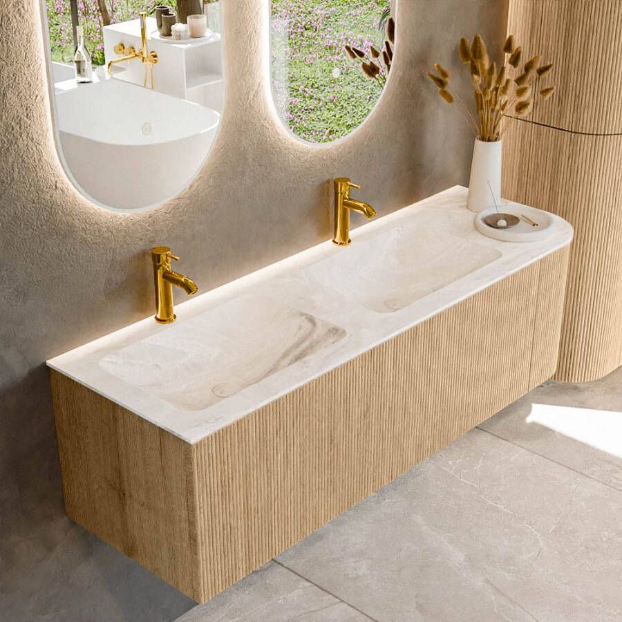 Mondiaz KURVE-DLUX 145cm badmeubel met module 25 R kleur Oak met 1 lade en 1 deur. Wastafel LEAF dubbel links 2 kraangaten kleur Frappe. KRVLEA145R1L1D2KD-Oak Fra
