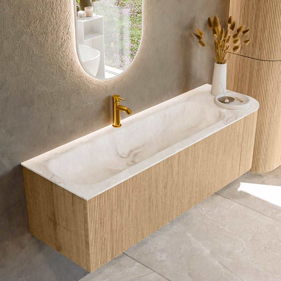 Mondiaz KURVE-DLUX 145cm badmeubel met module 25 R kleur Oak met 1 lade en 1 deur. Wastafel BIG LARGE links 1 kraangat kleur Frappe. KRVBGL145R1L1D1KL-Oak Fra