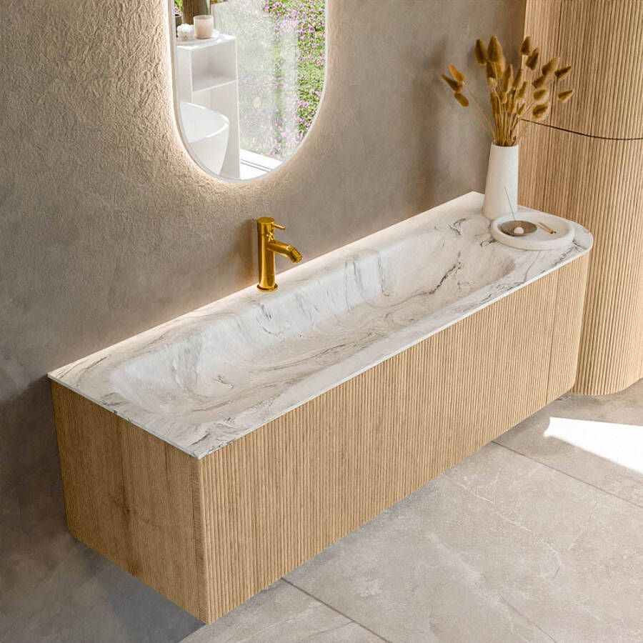 Mondiaz KURVE-DLUX 145cm badmeubel met module 25 R kleur Oak met 1 lade en 1 deur. Wastafel BIG LARGE links 1 kraangat kleur Glace. KRVBGL145R1L1D1KL-Oak Gla