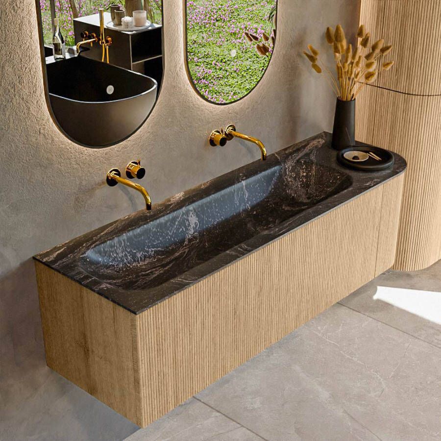 Mondiaz KURVE-DLUX 145cm badmeubel met module 25 R kleur Oak met 1 lade en 1 deur. Wastafel BIG LARGE links zonder kraangat kleur Lava. KRVBGL145R1L1D0KL-Oak Lav