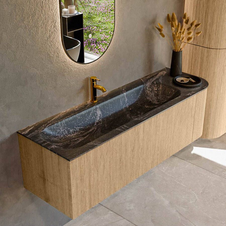 Mondiaz KURVE-DLUX 145cm badmeubel met module 25 R kleur Oak met 1 lade en 1 deur. Wastafel BIG LARGE links 1 kraangat kleur Lava. KRVBGL145R1L1D1KL-Oak Lav