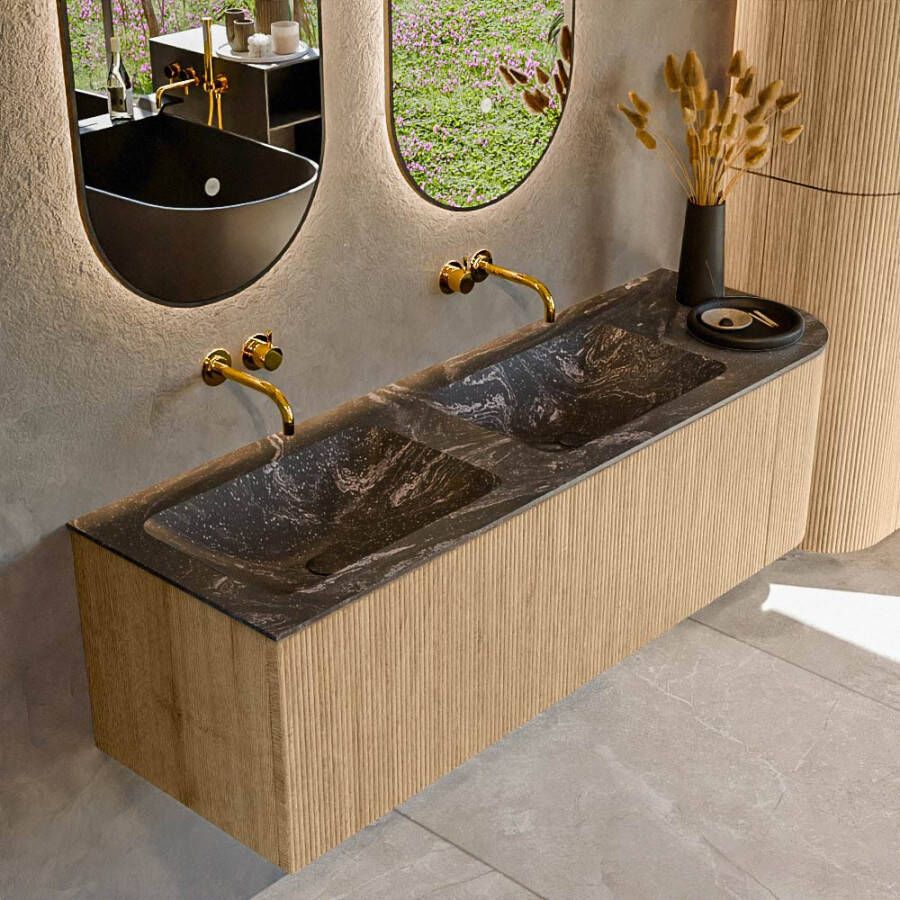 Mondiaz KURVE-DLUX 145cm badmeubel met module 25 R kleur Oak met 1 lade en 1 deur. Wastafel LEAF dubbel links zonder kraangat kleur Lava. KRVLEA145R1L1D0KD-Oak Lav