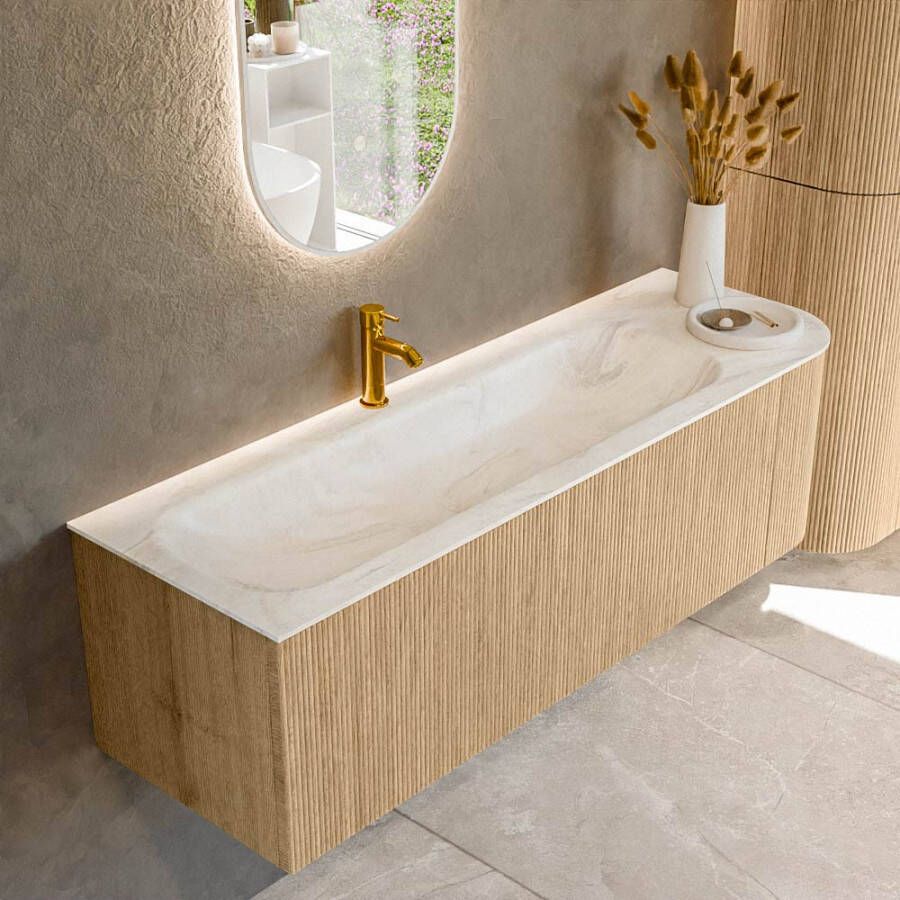 Mondiaz KURVE-DLUX 145cm badmeubel met module 25 R kleur Oak met 1 lade en 1 deur. Wastafel BIG LARGE links 1 kraangat kleur Ostra. KRVBGL145R1L1D1KL-Oak Ost