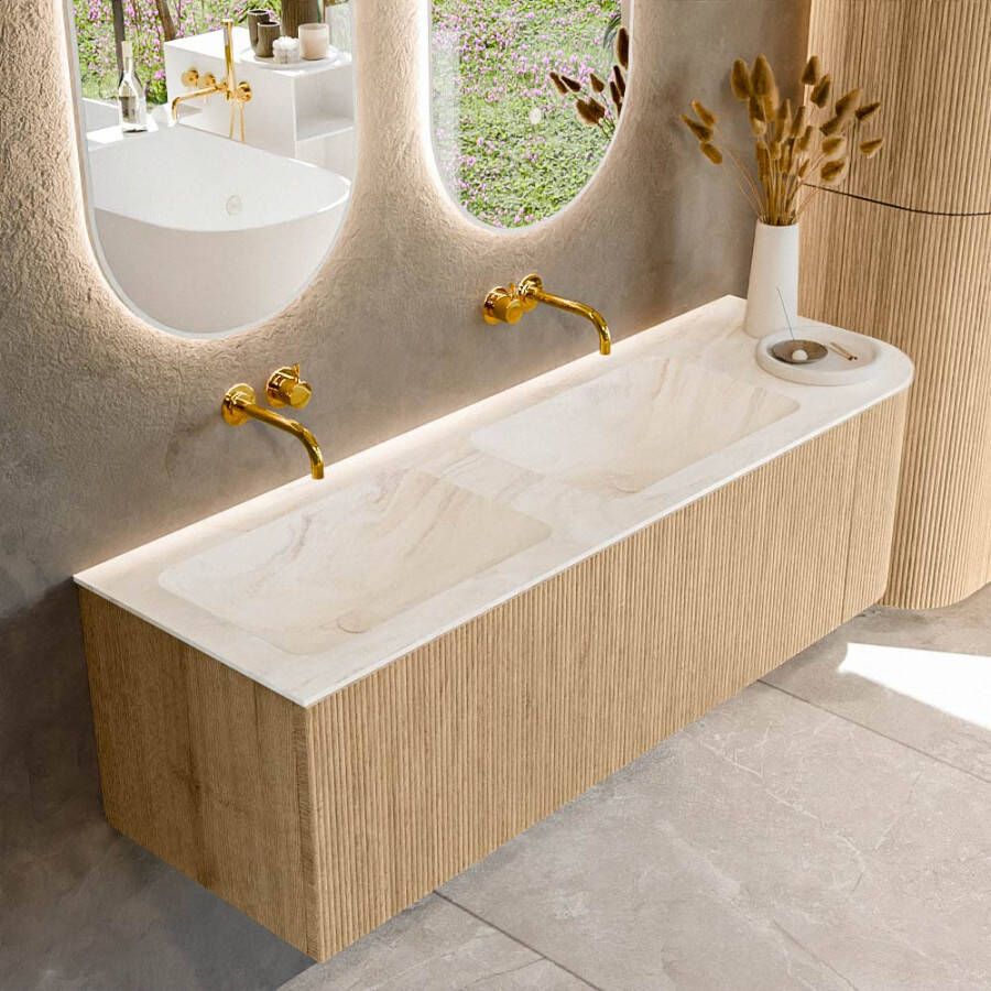 Mondiaz KURVE-DLUX 145cm badmeubel met module 25 R kleur Oak met 1 lade en 1 deur. Wastafel LEAF dubbel links zonder kraangat kleur Ostra. KRVLEA145R1L1D0KD-Oak Ost