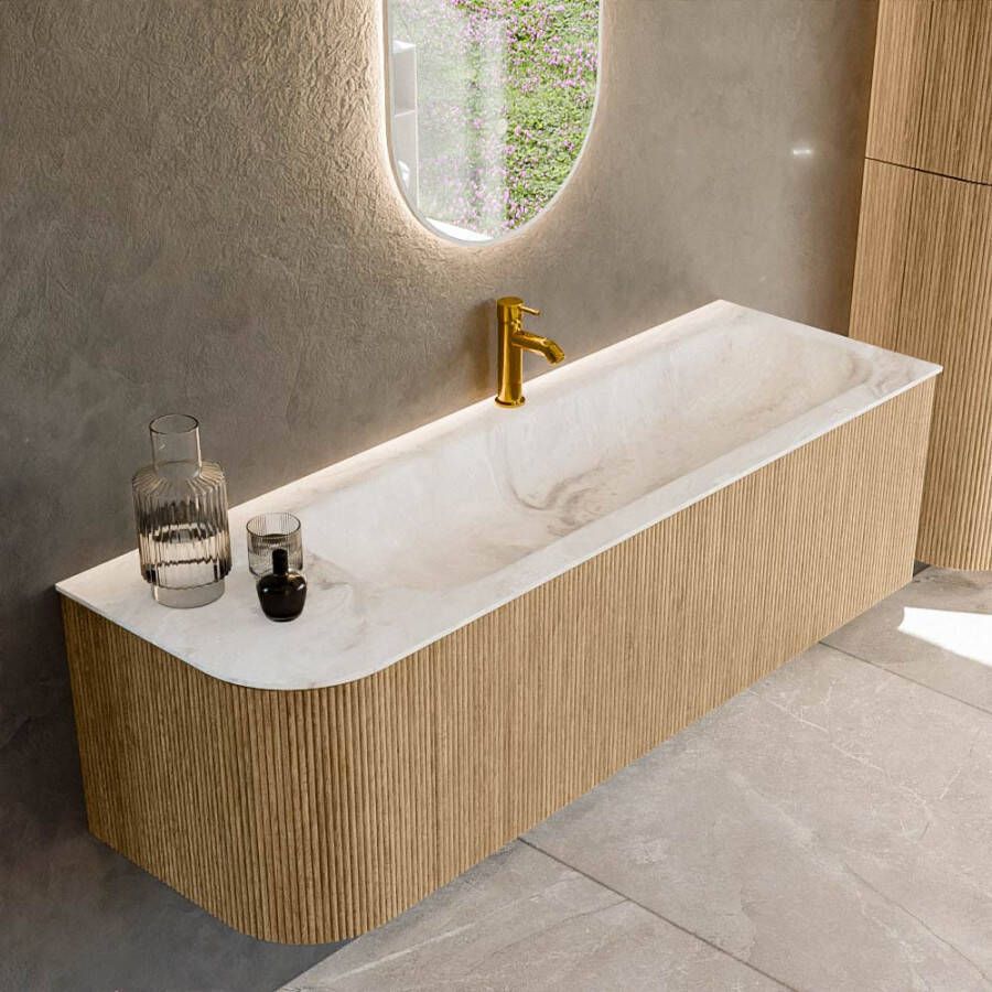Mondiaz KURVE-DLUX 145cm badmeubel met module 25 L kleur Oak met 1 lade en 1 deur. Wastafel BIG LARGE rechts 1 kraangat kleur Frappe. KRVBGL145L1L1D1KR-Oak Fra