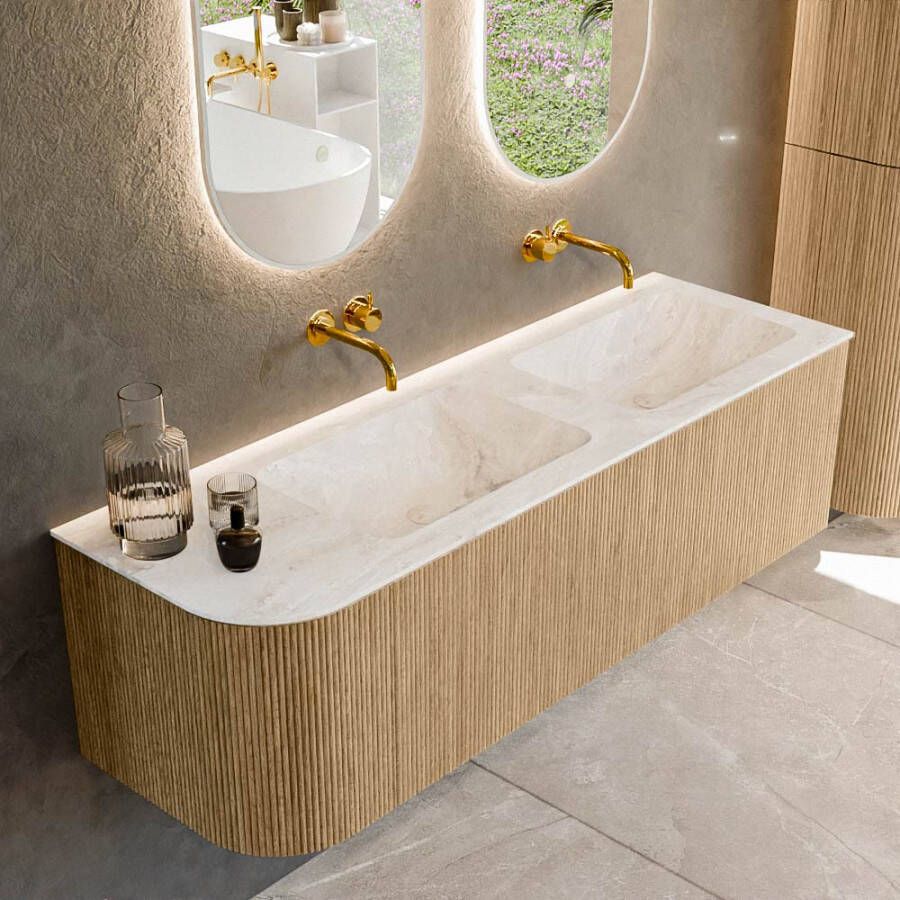 Mondiaz KURVE-DLUX 145cm badmeubel met module 25 L kleur Oak met 1 lade en 1 deur. Wastafel LEAF dubbel rechts zonder kraangat kleur Frappe. KRVLEA145L1L1D0KD-Oak Fra