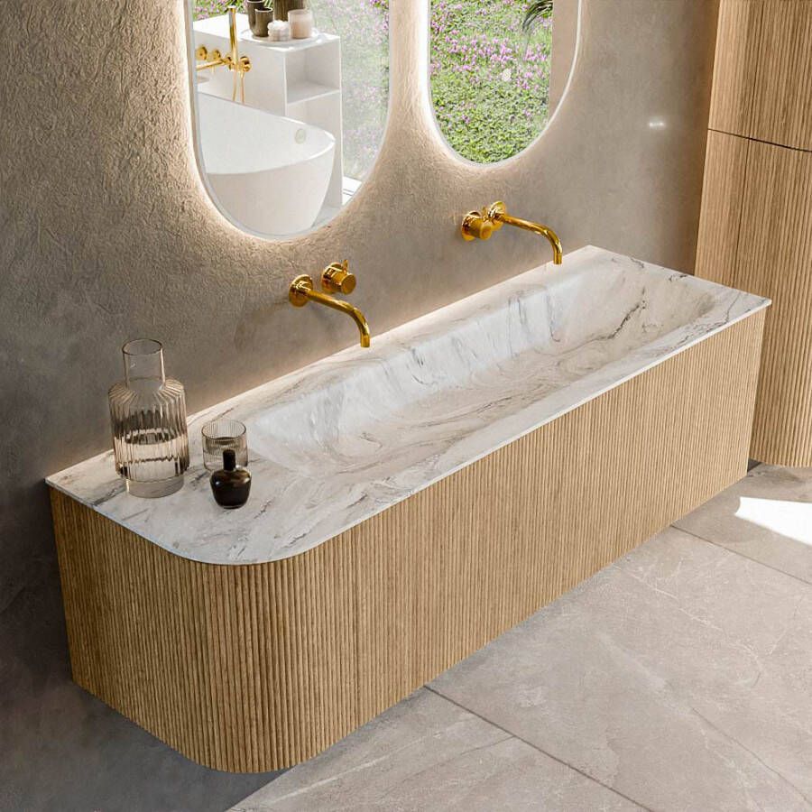Mondiaz KURVE-DLUX 145cm badmeubel met module 25 L kleur Oak met 1 lade en 1 deur. Wastafel BIG LARGE rechts zonder kraangat kleur Glace. KRVBGL145L1L1D0KR-Oak Gla