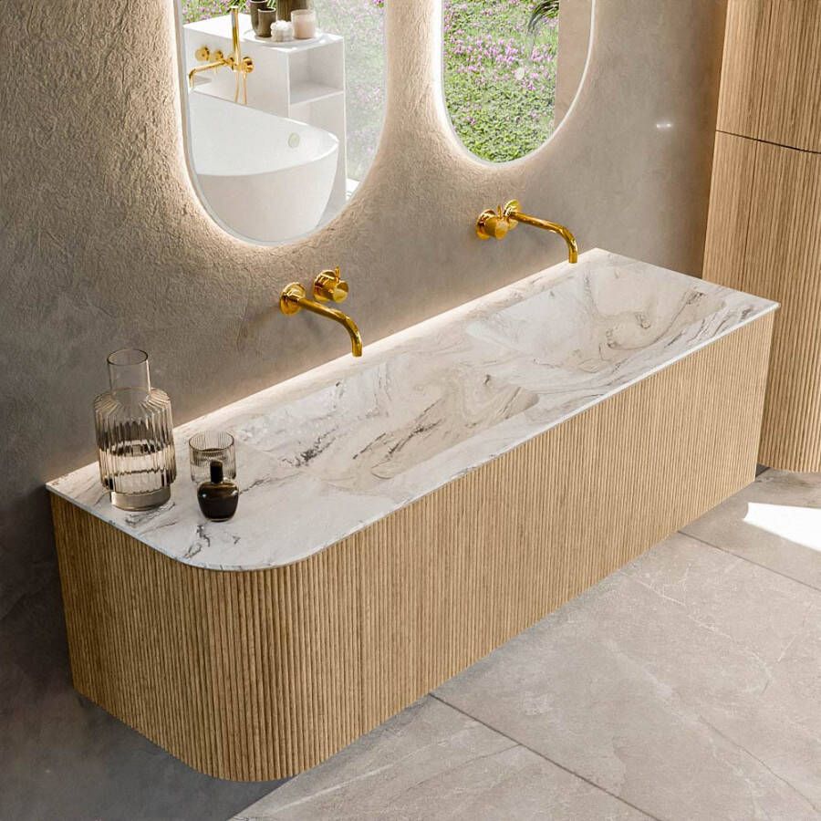 Mondiaz KURVE-DLUX 145cm badmeubel met module 25 L kleur Oak met 1 lade en 1 deur. Wastafel LEAF dubbel rechts zonder kraangat kleur Glace. KRVLEA145L1L1D0KD-Oak Gla