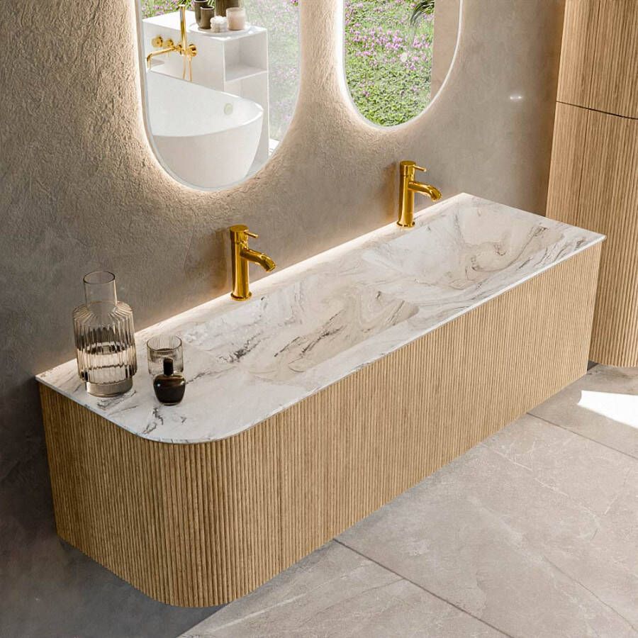 Mondiaz KURVE-DLUX 145cm badmeubel met module 25 L kleur Oak met 1 lade en 1 deur. Wastafel LEAF dubbel rechts 2 kraangaten kleur Glace. KRVLEA145L1L1D2KD-Oak Gla