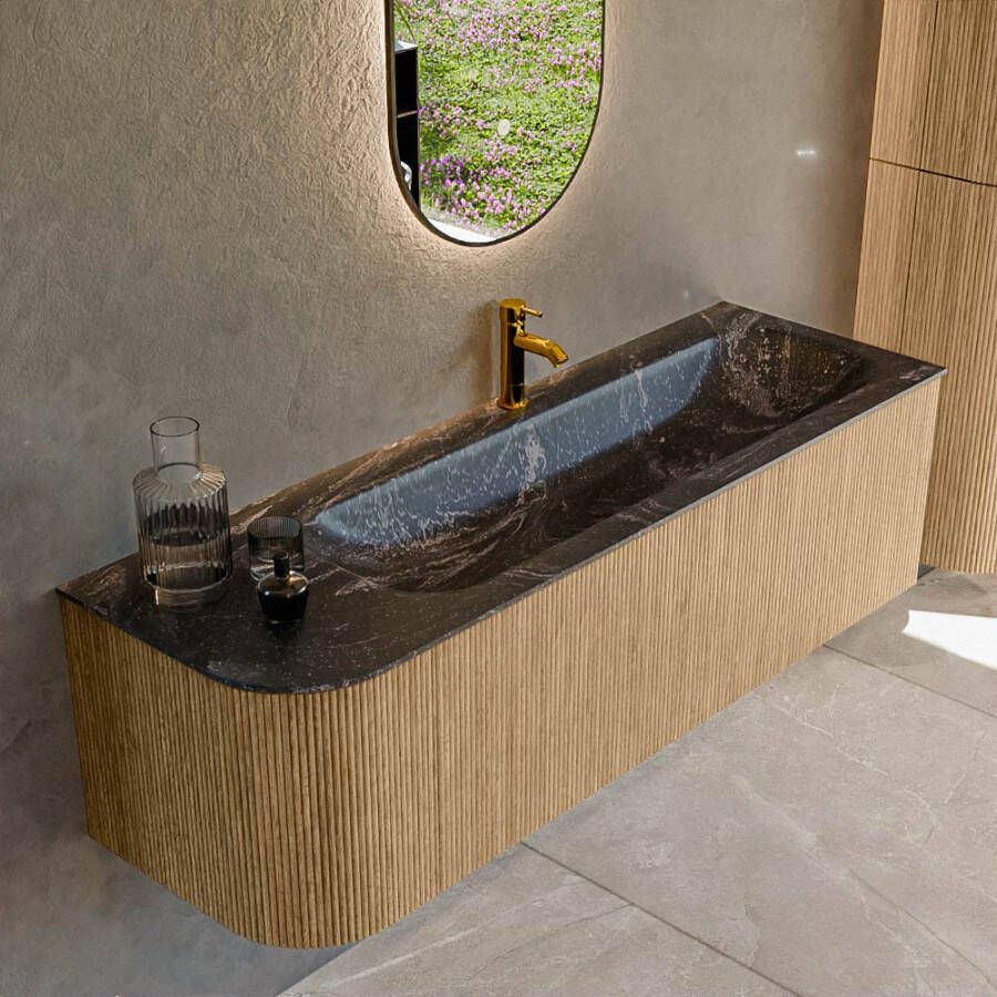 Mondiaz KURVE-DLUX 145cm badmeubel met module 25 L kleur Oak met 1 lade en 1 deur. Wastafel BIG LARGE rechts 1 kraangat kleur Lava. KRVBGL145L1L1D1KR-Oak Lav