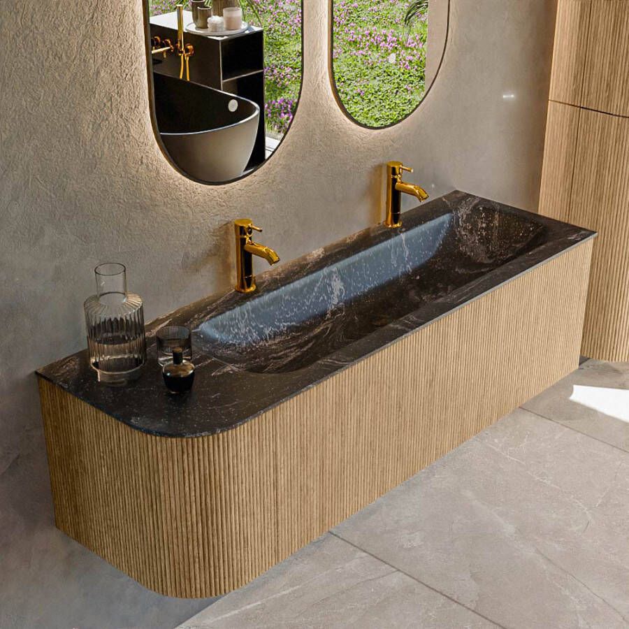 Mondiaz KURVE-DLUX 145cm badmeubel met module 25 L kleur Oak met 1 lade en 1 deur. Wastafel BIG LARGE rechts 2 kraangaten kleur Lava. KRVBGL145L1L1D2KR-Oak Lav