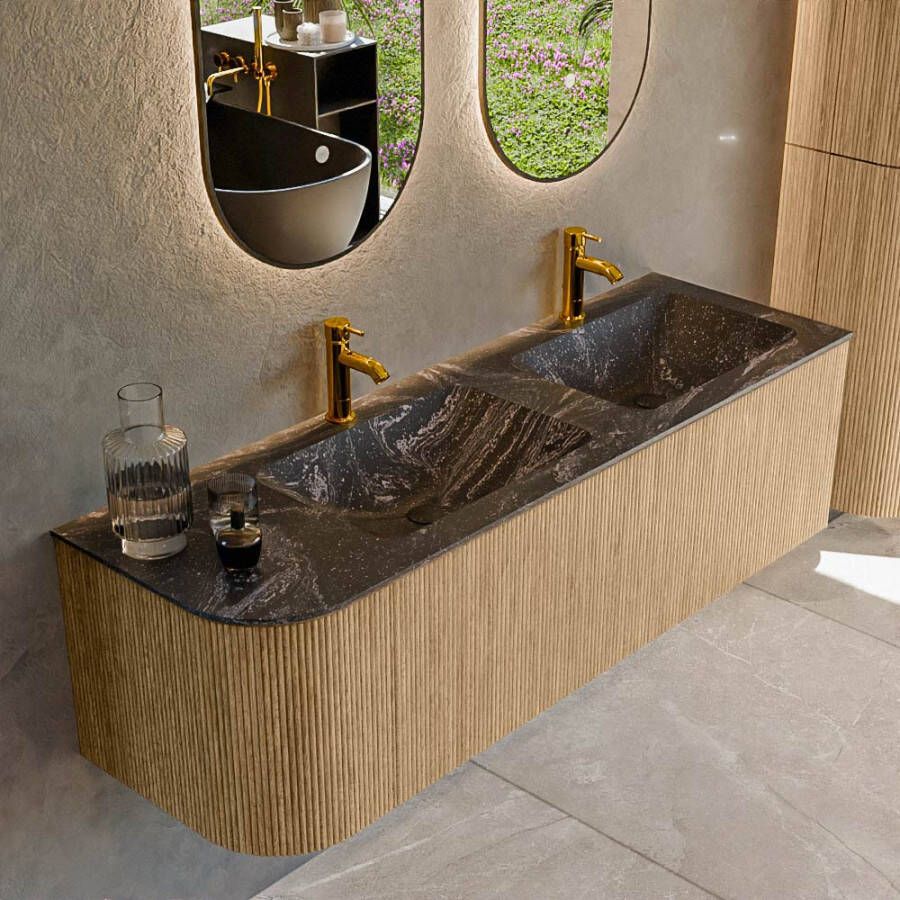 Mondiaz KURVE-DLUX 145cm badmeubel met module 25 L kleur Oak met 1 lade en 1 deur. Wastafel LEAF dubbel rechts 2 kraangaten kleur Lava. KRVLEA145L1L1D2KD-Oak Lav