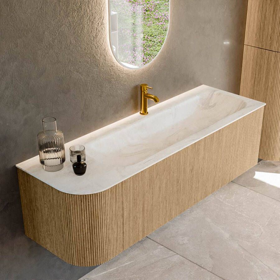 Mondiaz KURVE-DLUX 145cm badmeubel met module 25 L kleur Oak met 1 lade en 1 deur. Wastafel BIG LARGE rechts 1 kraangat kleur Ostra. KRVBGL145L1L1D1KR-Oak Ost