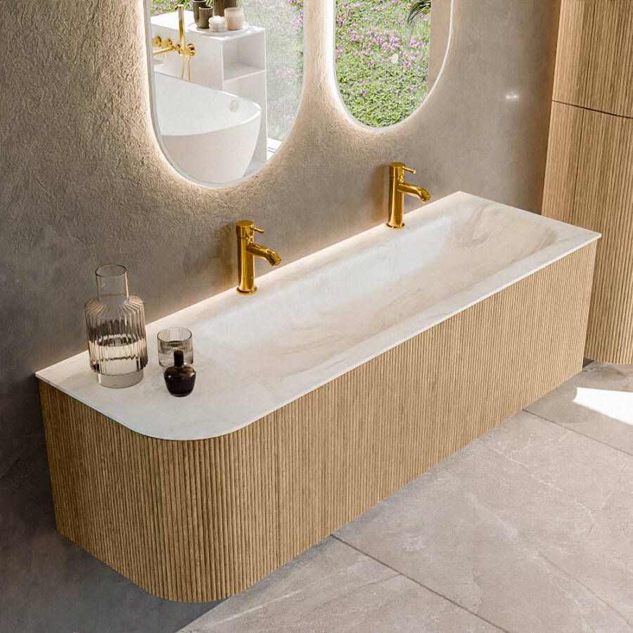 Mondiaz KURVE-DLUX 145cm badmeubel met module 25 L kleur Oak met 1 lade en 1 deur. Wastafel BIG LARGE rechts 2 kraangaten kleur Ostra. KRVBGL145L1L1D2KR-Oak Ost
