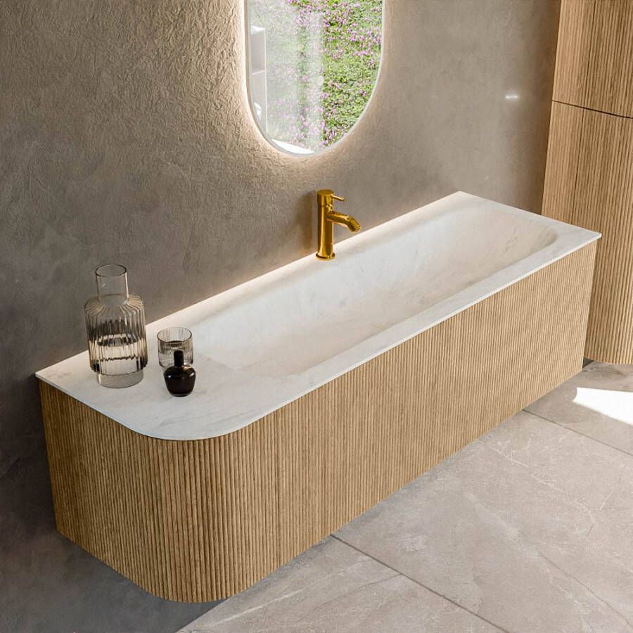 Mondiaz KURVE-DLUX 145cm badmeubel met module 25 L kleur Oak met 1 lade en 1 deur. Wastafel BIG LARGE rechts 1 kraangat kleur Opalo. KRVBGL145L1L1D1KR-Oak Opa
