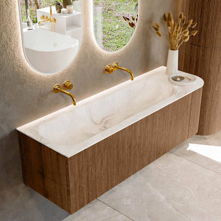 Mondiaz KURVE-DLUX 145cm badmeubel met module 25 R kleur Walnut met 1 lade en 1 deur. Wastafel BIG LARGE links zonder kraangat kleur Frappe. KRVBGL145R1L1D0KL-Wal Fra