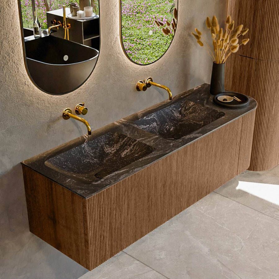Mondiaz KURVE-DLUX 145cm badmeubel met module 25 R kleur Walnut met 1 lade en 1 deur. Wastafel LEAF dubbel links zonder kraangat kleur Lava. KRVLEA145R1L1D0KD-Wal Lav