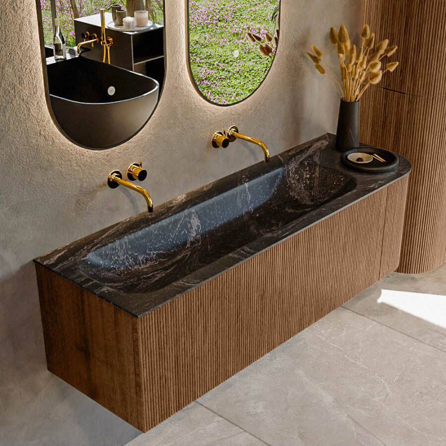 Mondiaz KURVE-DLUX 145cm badmeubel met module 25 R kleur Walnut met 1 lade en 1 deur. Wastafel BIG LARGE links zonder kraangat kleur Lava. KRVBGL145R1L1D0KL-Wal Lav