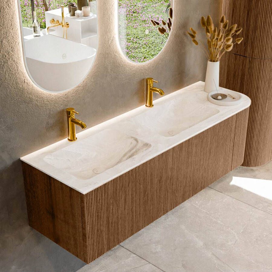 Mondiaz KURVE-DLUX 145cm badmeubel met module 25 R kleur Walnut met 1 lade en 1 deur. Wastafel LEAF dubbel links 2 kraangaten kleur Frappe. KRVLEA145R1L1D2KD-Wal Fra